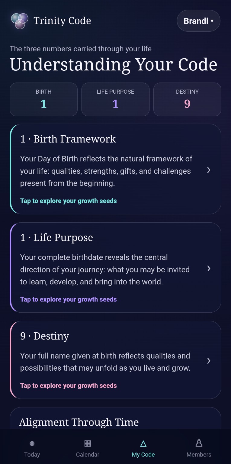My Code screen showing Birth Framework, Life Purpose, and Destiny