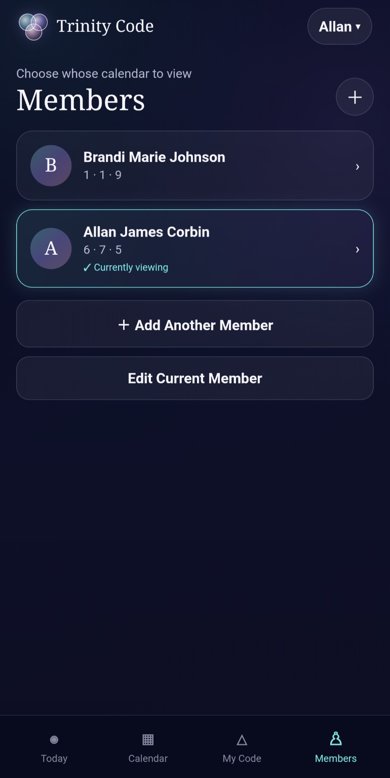 Members screen for viewing more than one personal calendar