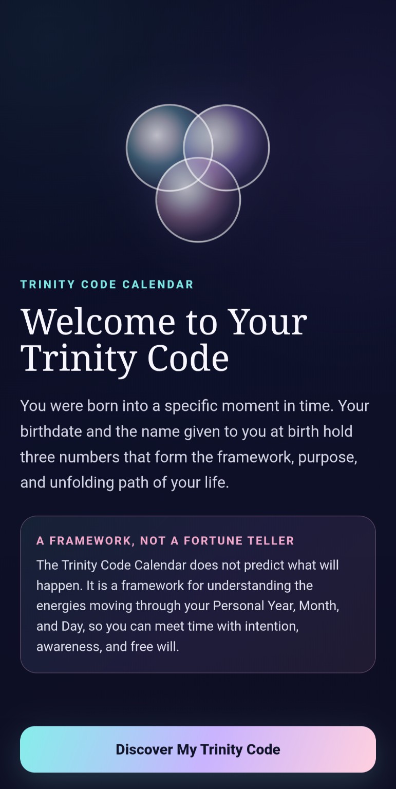 Welcome screen for the Trinity Code Calendar app